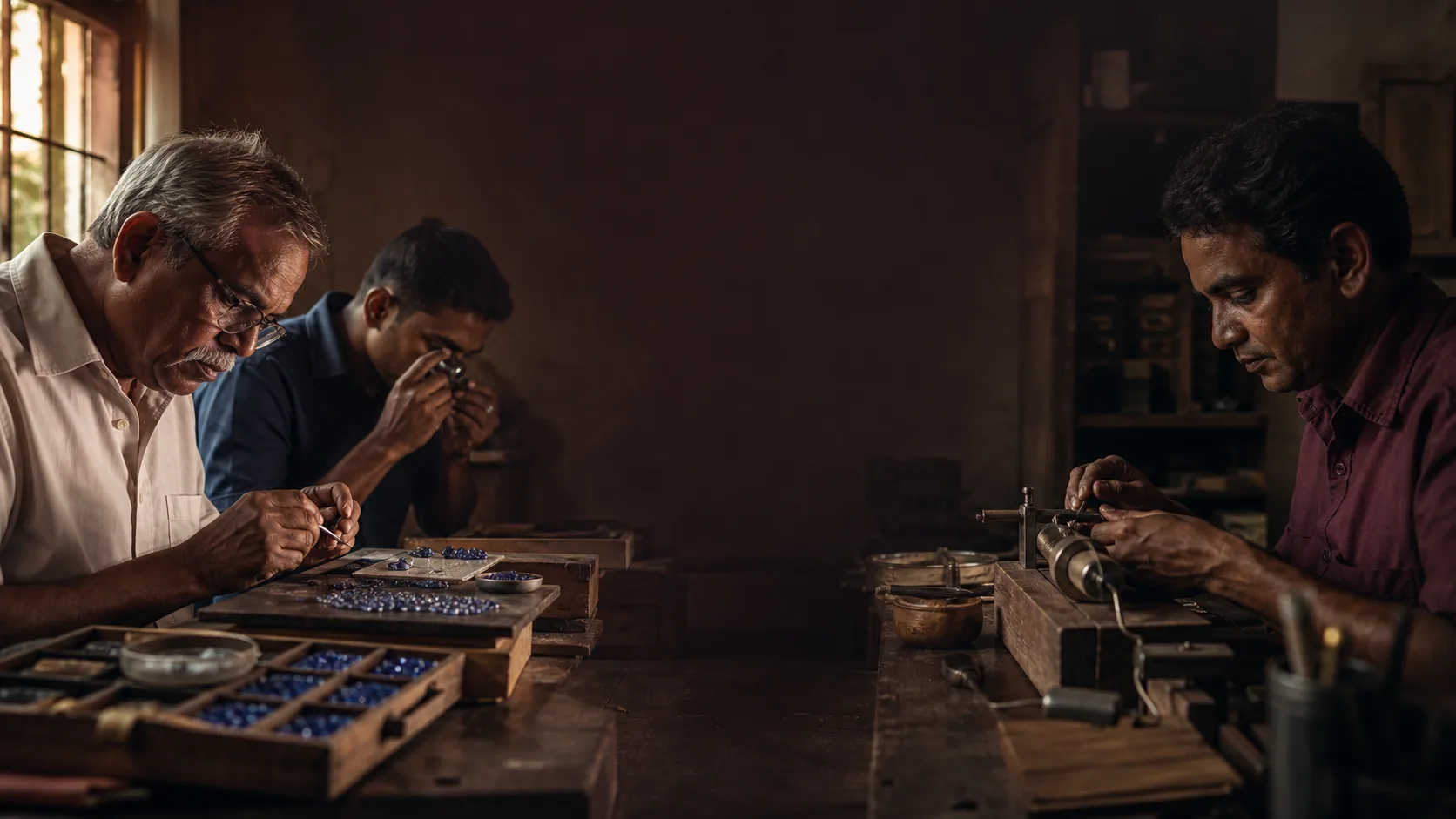Sri Lankan gem artisans working together in a traditional workshop