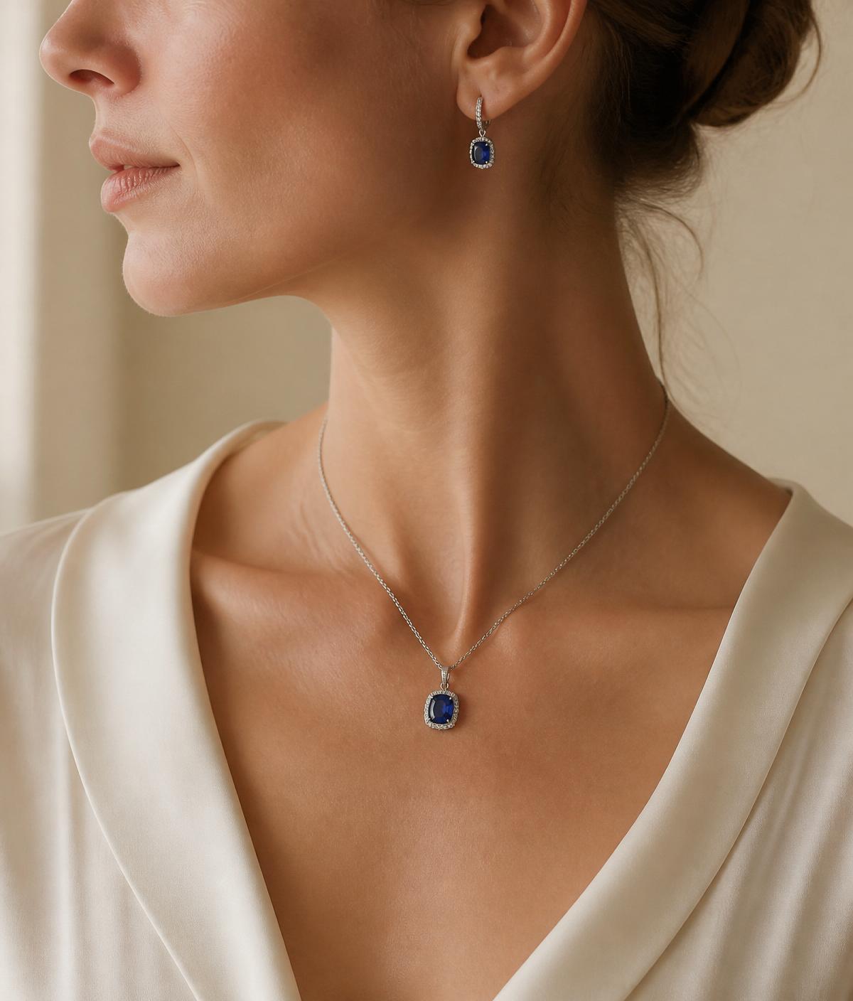 Model wearing Ceylon sapphire jewellery
